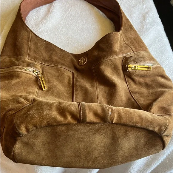 Tory Burch Tan Suede Hobo Bag with Gold Accents - Picture 15 of 15
